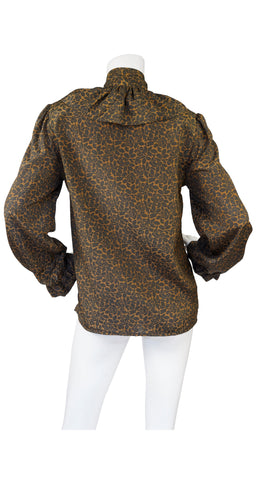 1980s Brown Rosebud Print Ruffle Tie Blouse