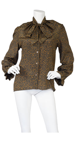 1980s Brown Rosebud Print Ruffle Tie Blouse