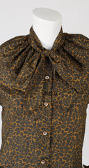 1980s Brown Rosebud Print Ruffle Tie Blouse