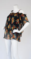 1970s Floral Viscose Chiffon Off-Shoulder Blouse