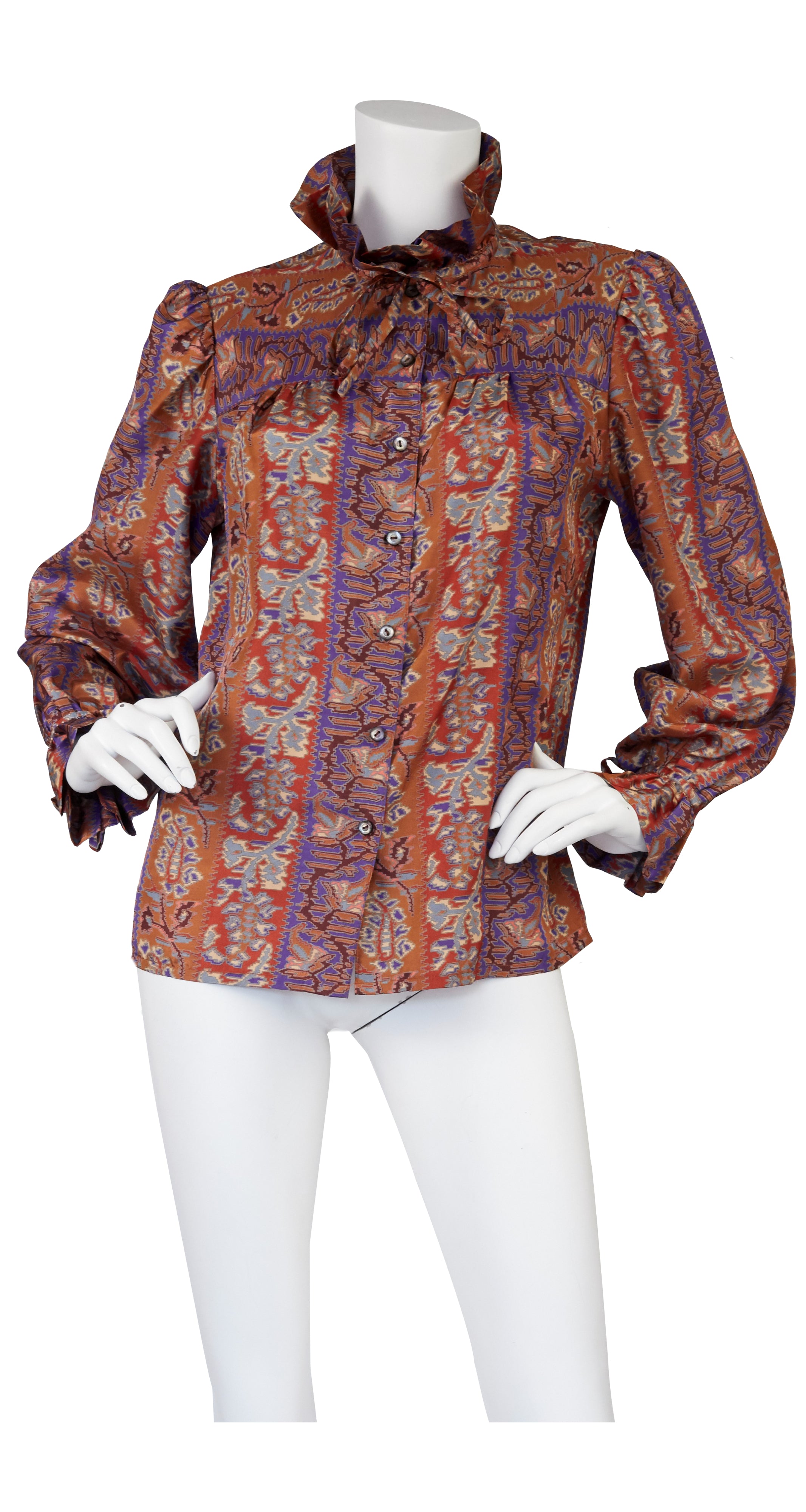 1970s Ruffle Aztec-Inspired Floral & Paisley Print Blouse