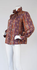 1970s Ruffle Aztec-Inspired Floral & Paisley Print Blouse