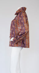 1970s Ruffle Aztec-Inspired Floral & Paisley Print Blouse
