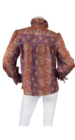 1970s Ruffle Aztec-Inspired Floral & Paisley Print Blouse