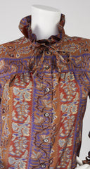 1970s Ruffle Aztec-Inspired Floral & Paisley Print Blouse