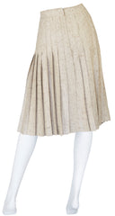 1970s Leather Trim Beige Silk Pleated Skirt