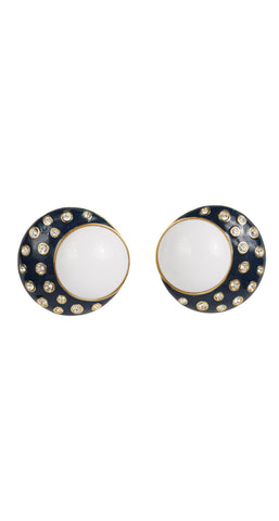1980s Half Moon Rhinestone Enamel Clip-On Earrings