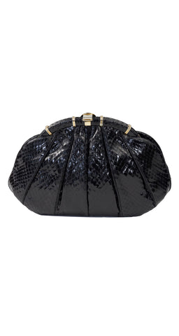 1980s Black Genuine Snakeskin & Gold Bag