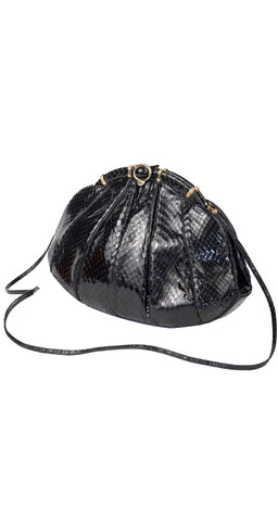 1980s Black Genuine Snakeskin & Gold Bag