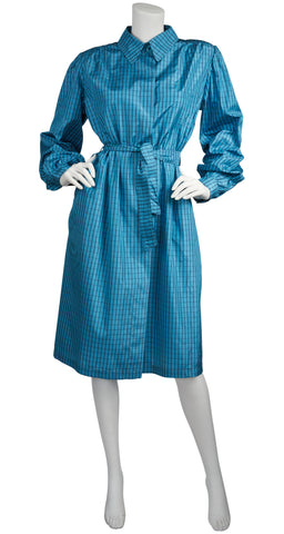 1980s Blue Plaid Silk Trench Coat