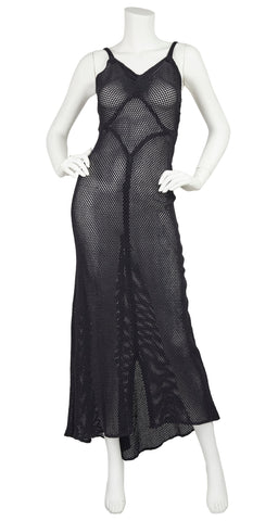 1930s Rare Black Cotton Fishnet Evening Gown