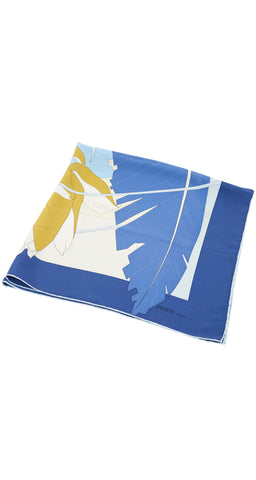 1970s Blue Palm Leaf Print Silk Scarf