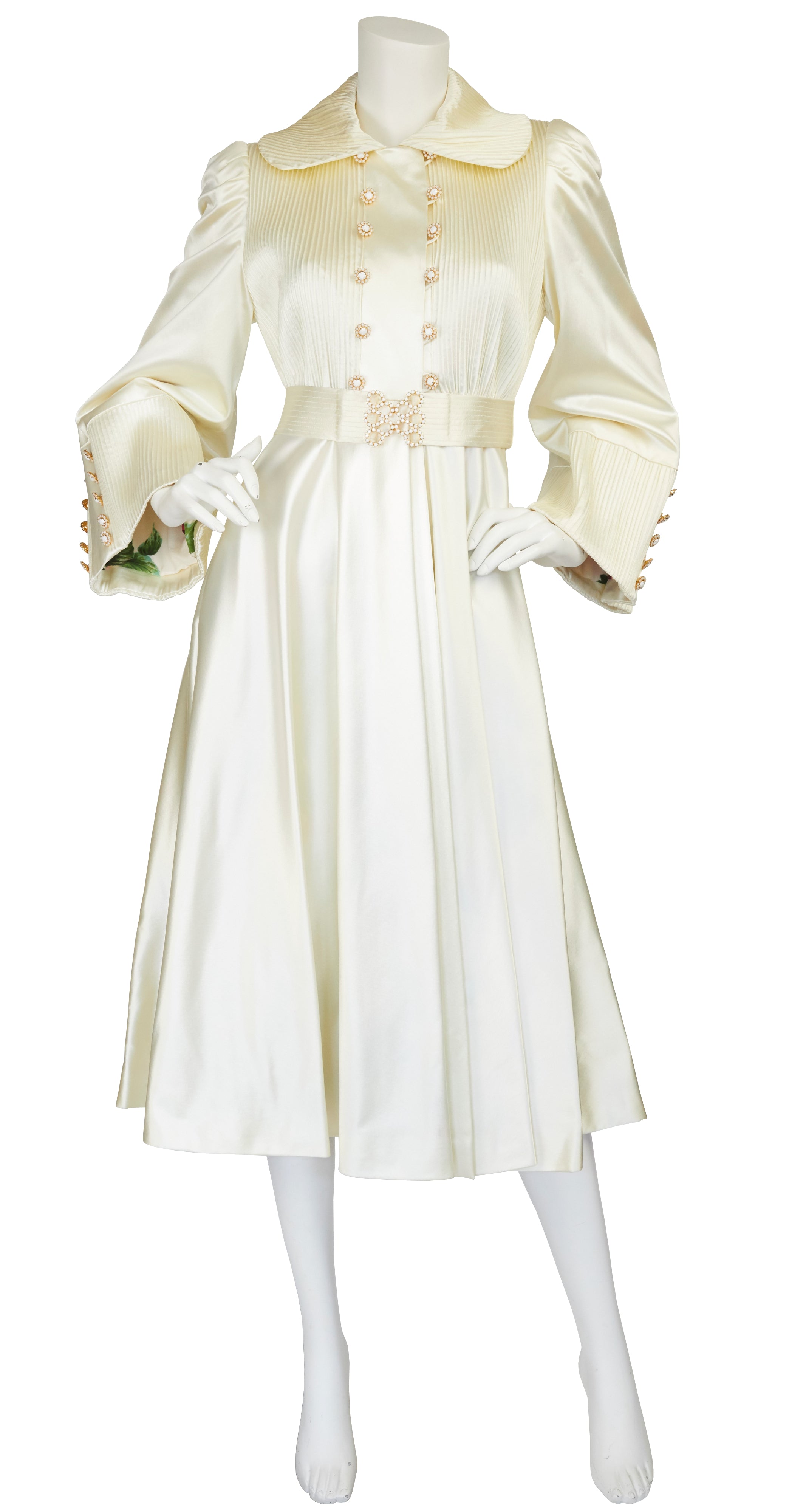 1970s Pintuck Cream Satin Floral Silk Lining Bridal Coat