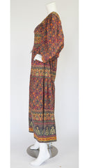1970s Indian Cotton Hand-Blocked Poet Sleeve Maxi Dress