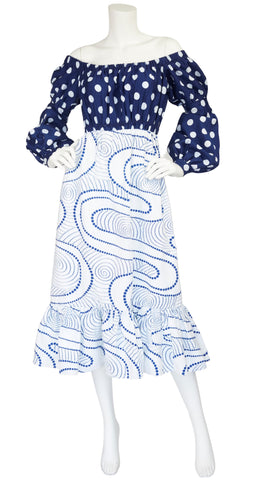 1971 Documented Blue & White Cotton Off-the-Shoulder Dress