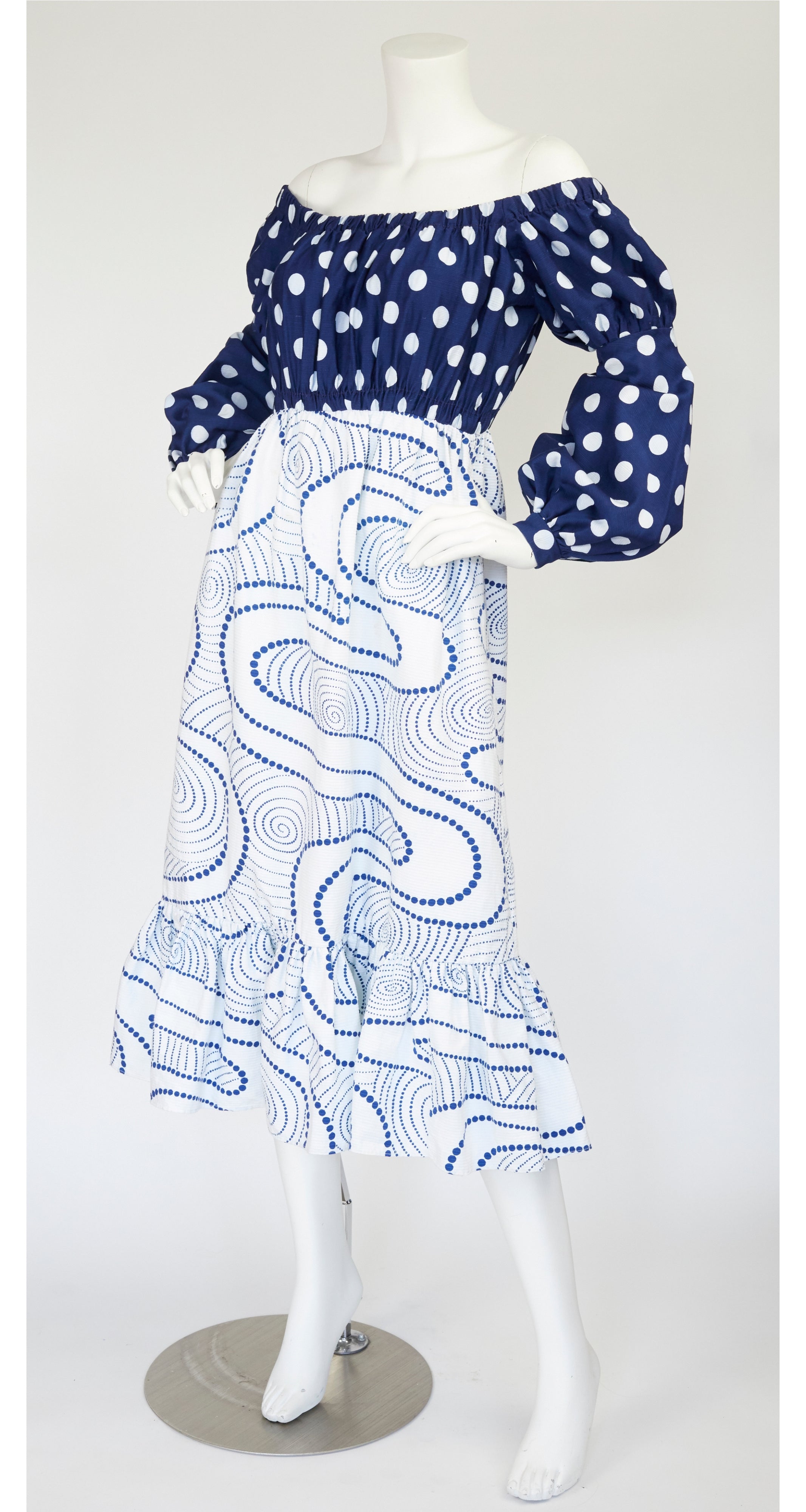 1971 Documented Blue & White Cotton Off-the-Shoulder Dress