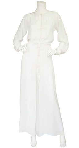 1970s Embroidered White Rayon Crepe Tassel Jumpsuit