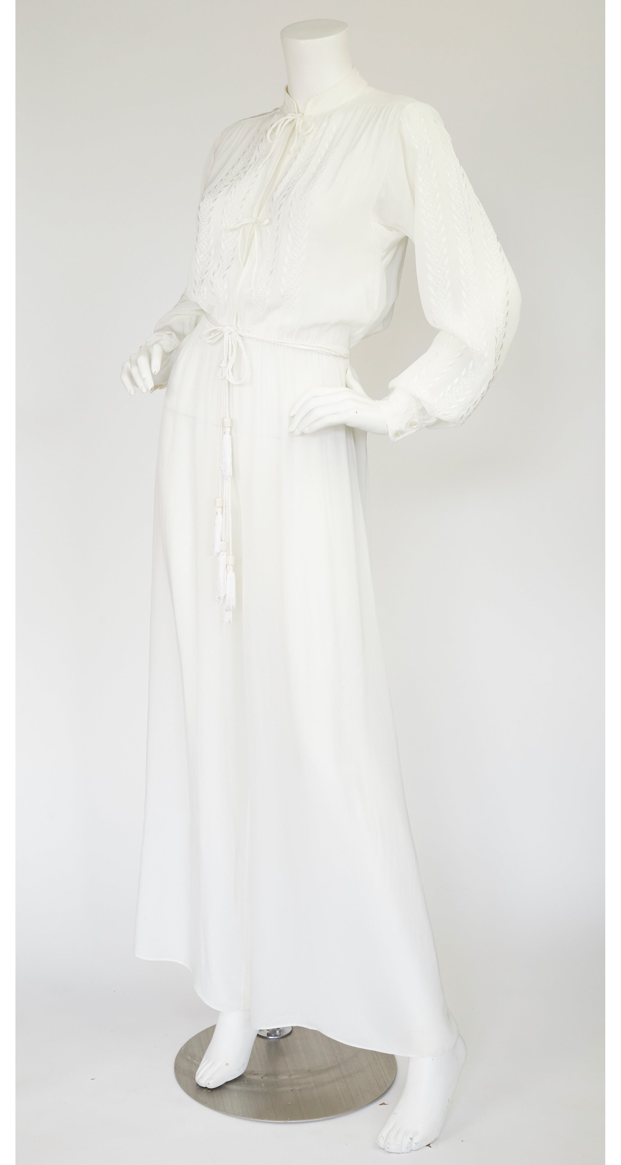 1970s Embroidered White Rayon Crepe Tassel Jumpsuit