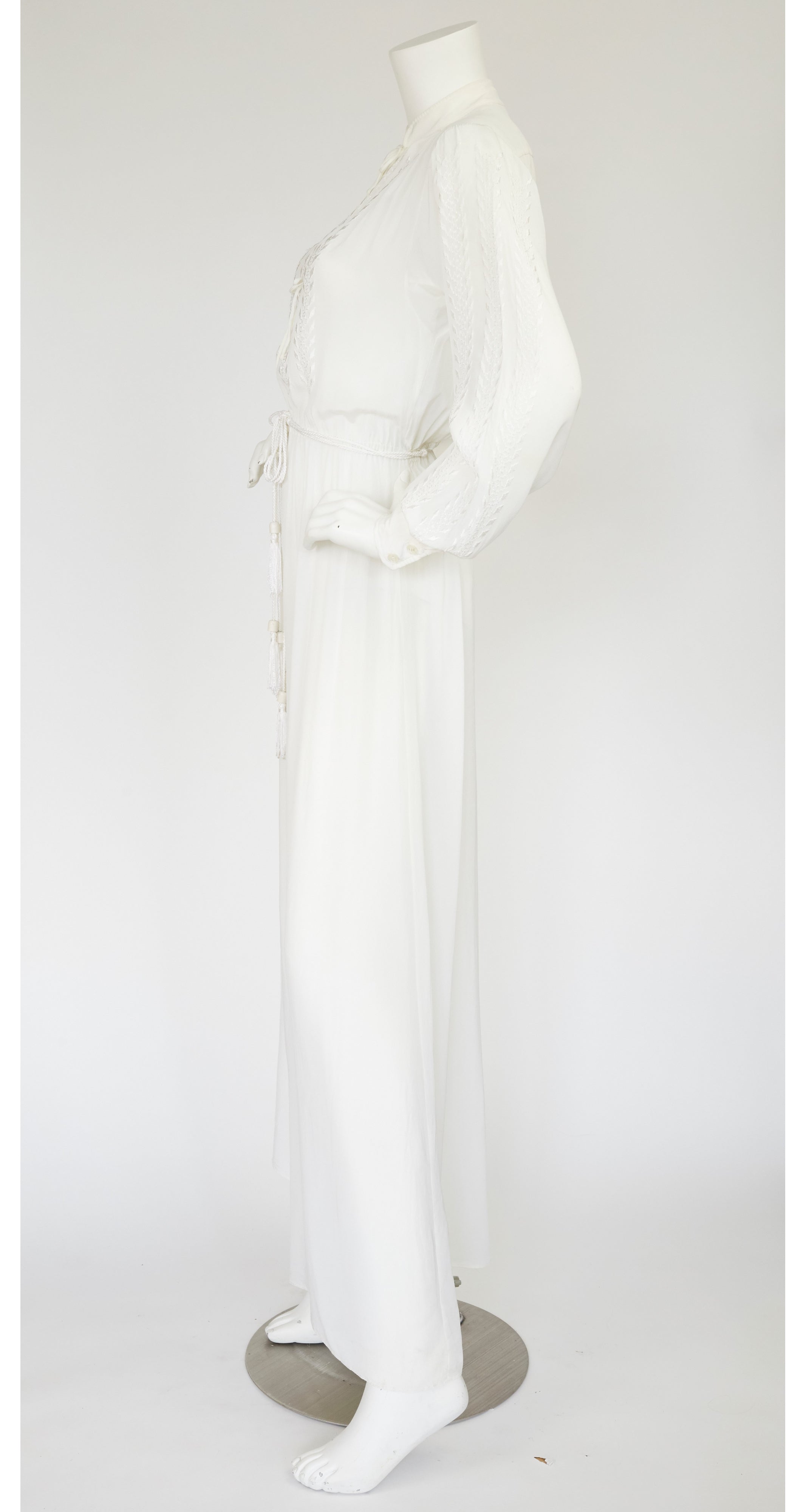 1970s Embroidered White Rayon Crepe Tassel Jumpsuit