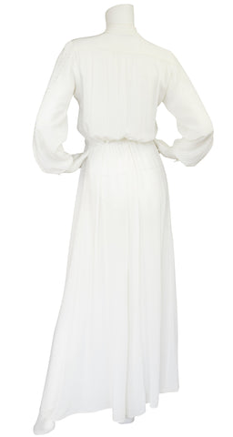 1970s Embroidered White Rayon Crepe Tassel Jumpsuit