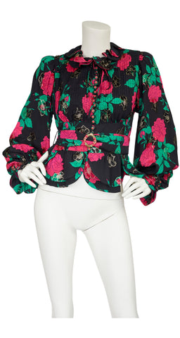 1970s Floral Black Silk Lamé Bishop Sleeve Blouse