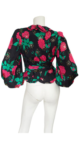 1970s Floral Black Silk Lamé Bishop Sleeve Blouse