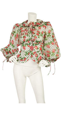 1970s Rosebud Silk Organza Balloon Sleeve Blouse