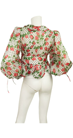 1970s Rosebud Silk Organza Balloon Sleeve Blouse