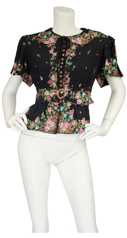 1970s Floral Navy Silk Flutter Sleeve Blouse