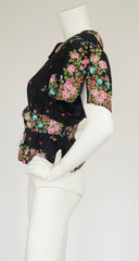 1970s Floral Navy Silk Flutter Sleeve Blouse