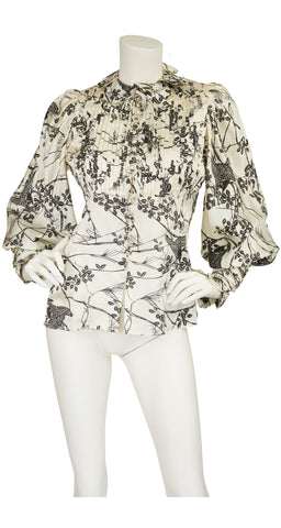 1970s Bird Print Cream Silk Bishop Sleeve Blouse