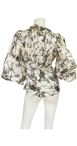 1970s Bird Print Cream Silk Bishop Sleeve Blouse