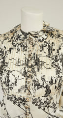 1970s Bird Print Cream Silk Bishop Sleeve Blouse