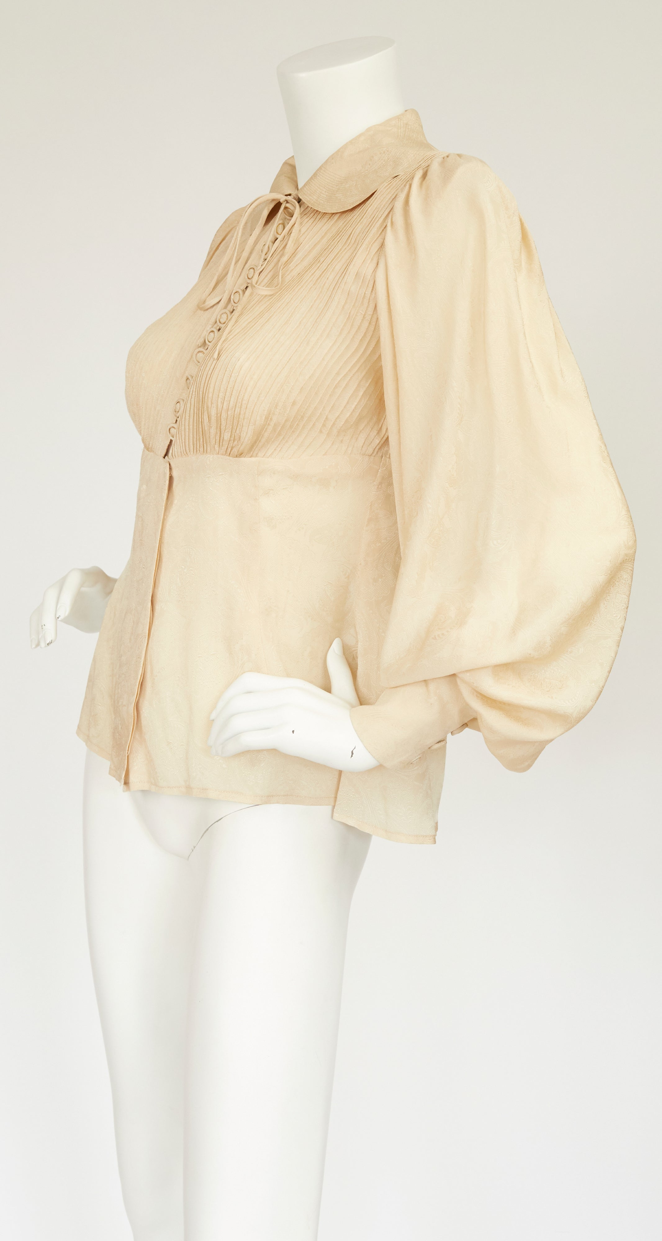 Frank Oujezdsky Haute Couture Cream Jacquard Silk Bishop Sleeve