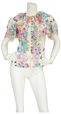 1970s Butterfly Floral Print Flutter Sleeve Blouse