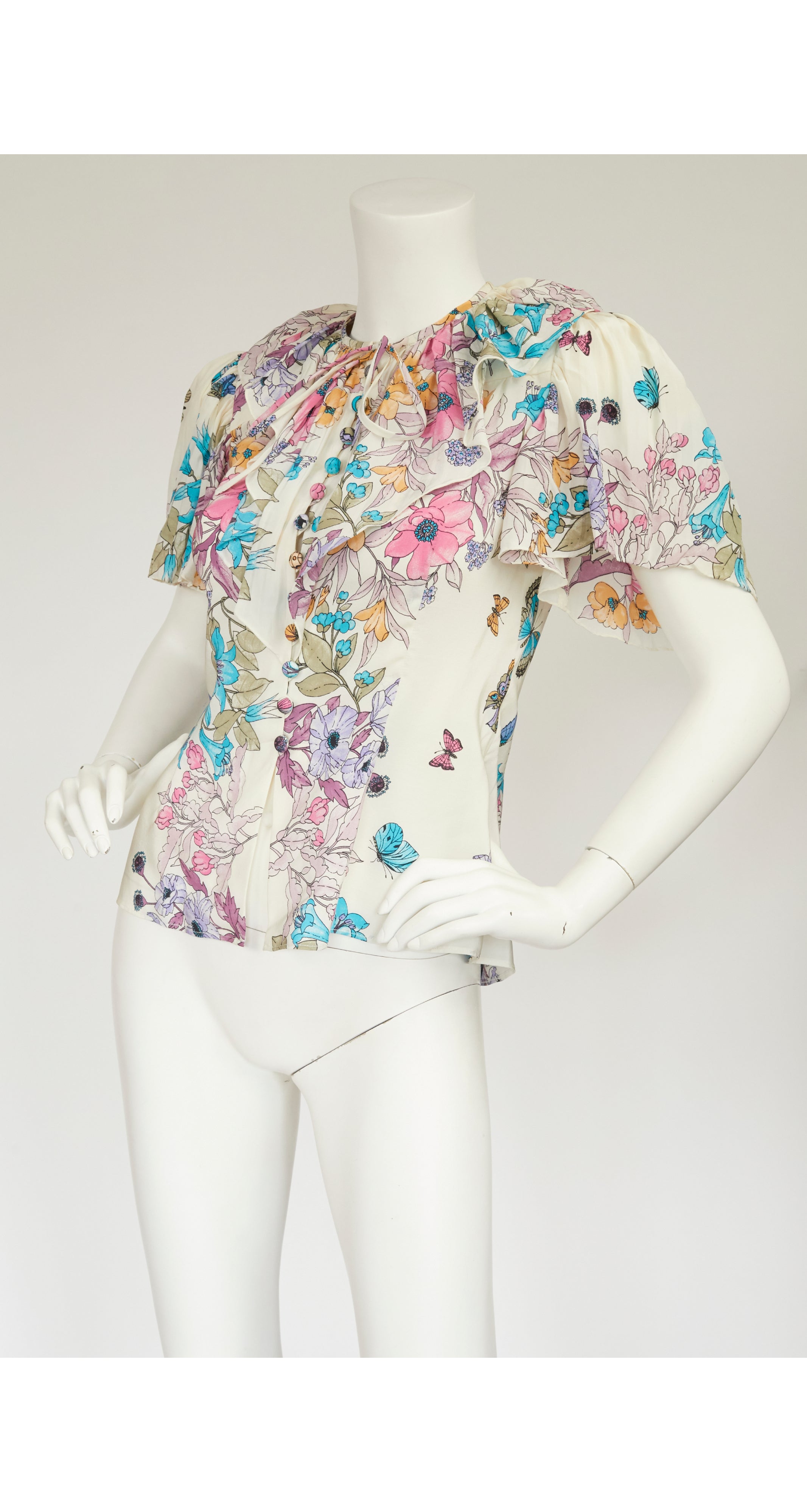 1970s Butterfly Floral Print Flutter Sleeve Blouse
