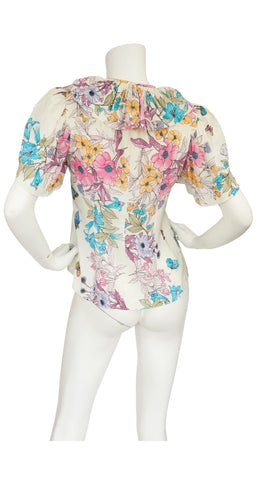 1970s Butterfly Floral Print Flutter Sleeve Blouse