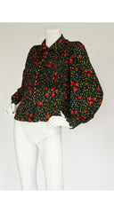 1970s Black & Red Floral Silk Bishop Sleeve Blouse