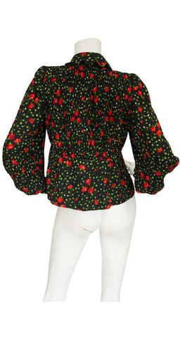 1970s Black & Red Floral Silk Bishop Sleeve Blouse