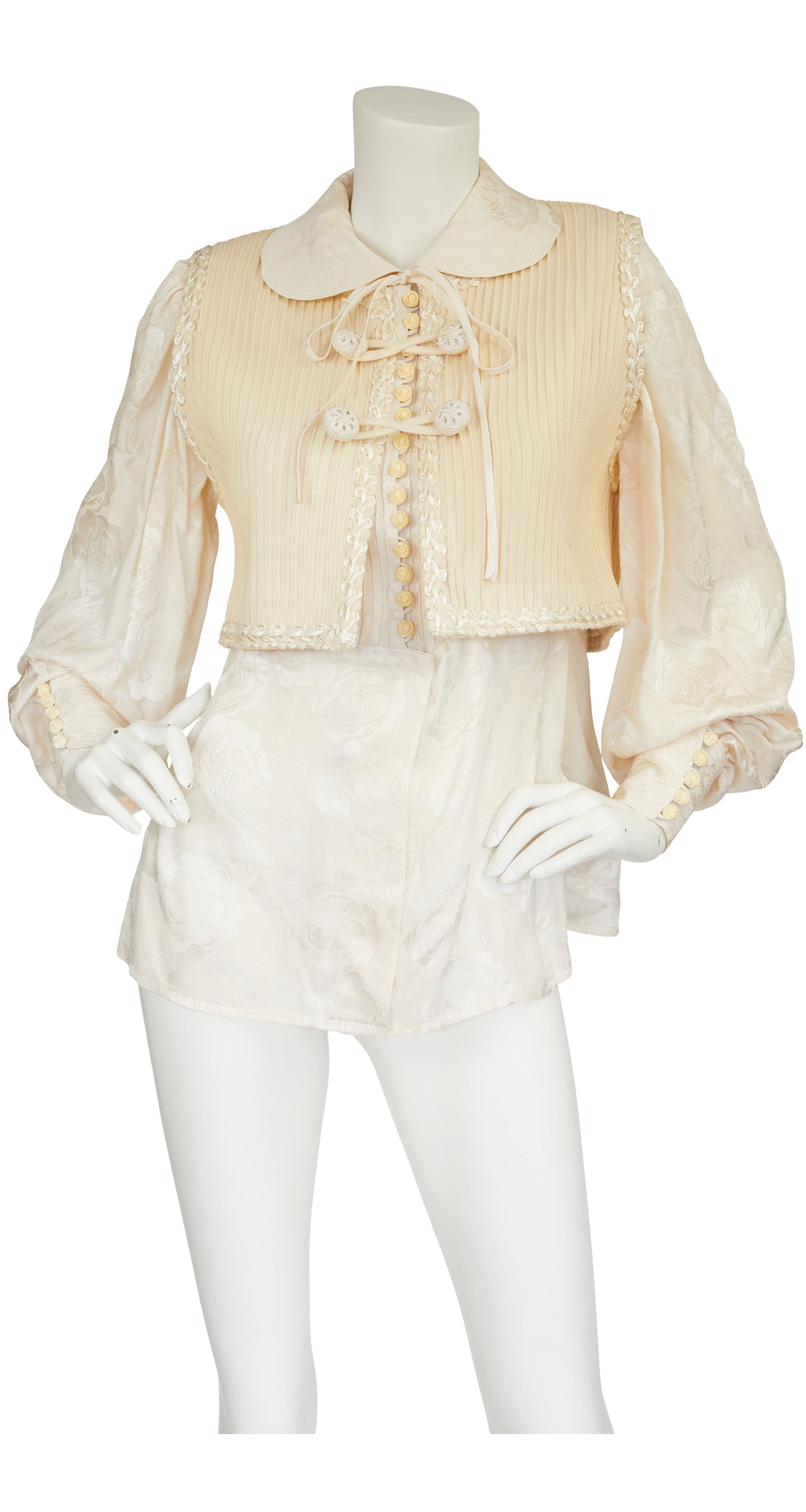 1970s Rose Print Cream Silk Jacquard Blouse & Vest Set