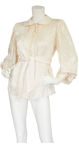 1970s Rose Print Cream Silk Jacquard Blouse & Vest Set