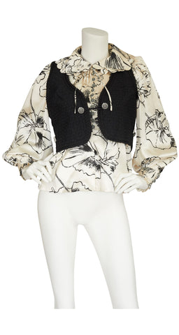 1970s Pansy Print Cream Silk Blouse & Vest Set