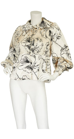 1970s Pansy Print Cream Silk Blouse & Vest Set