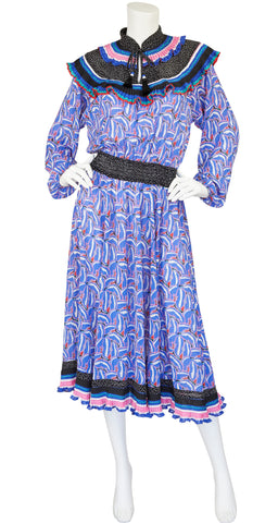 1980s Ruffled Collar Printed Georgette Dress