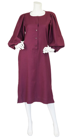 1980s Burgundy Wool Poet Sleeve Dress