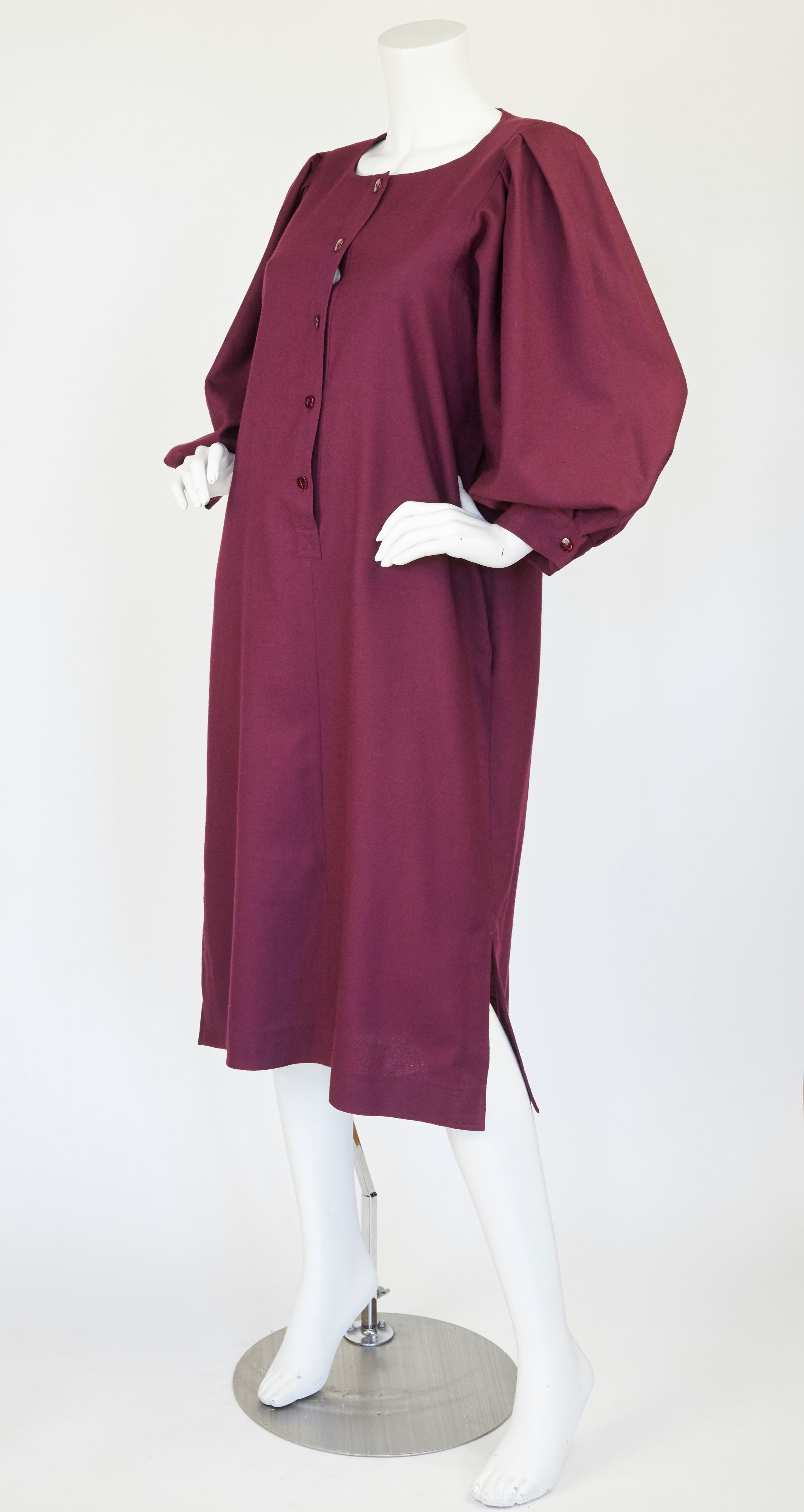 1980s Burgundy Wool Poet Sleeve Dress