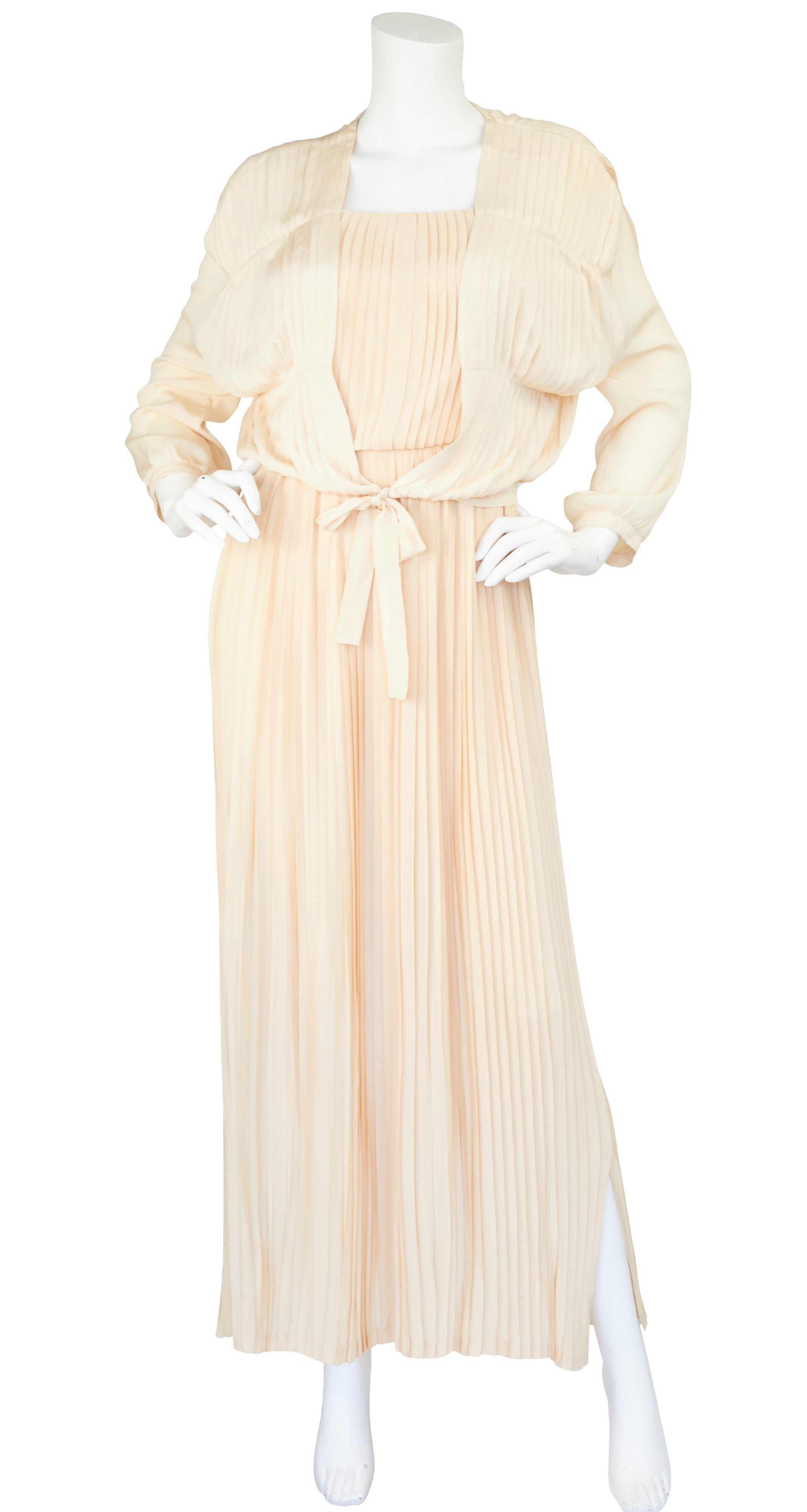 1970s Cream Silk Pleated Gown & Jacket Set