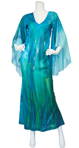 1960s Ethereal Blue Watercolor Silk Angel Sleeve Dress