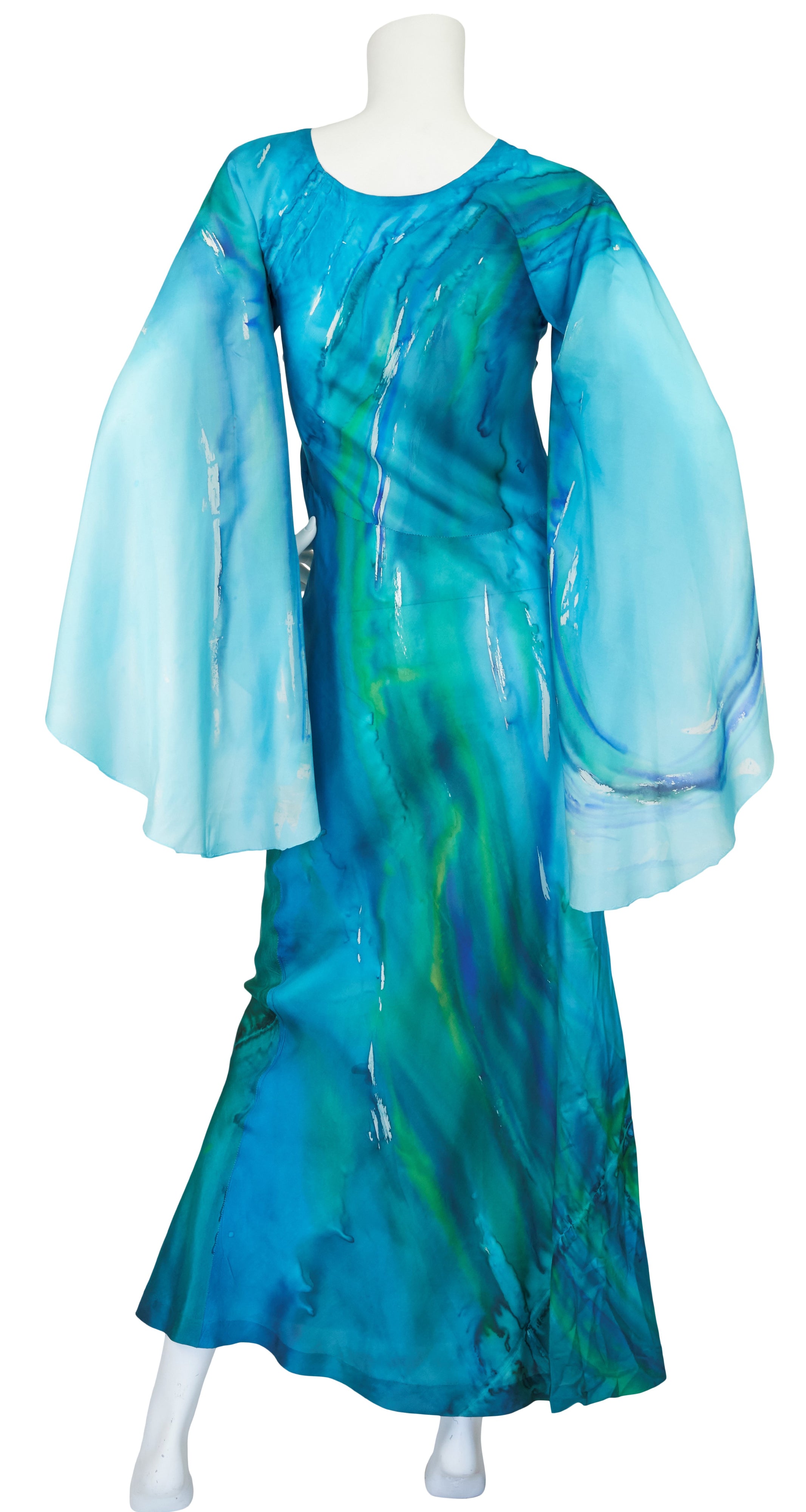 1960s Ethereal Blue Watercolor Silk Angel Sleeve Dress