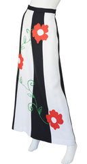 1970s Floral Pop-Art Black & White Striped Linen Maxi Skirt